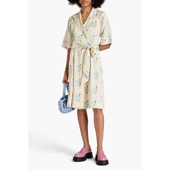 GANNI Floral Crinkle Wrap Dress In Yellow Size Medium Pink Blue Chic Sexy Wrap - Picture 1 of 16